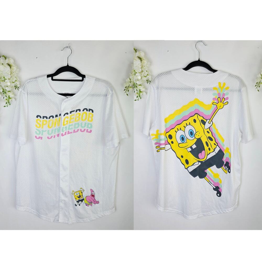 SpongeBob SquarePants Mesh Baseball Jersey Large White Graphic Button Up Unisex
